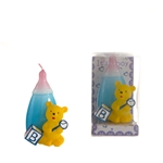 Teddy Bear in Front of Baby Bottle Candle in Clear Box - Blue
