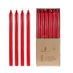 Mega Candles - 12 pcs 12" Unscented Straight Taper Candle in Brown Box - Red