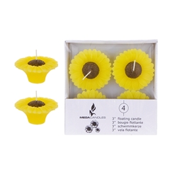 Mega Candles - 4 pcs 3" Unscented Floating Sun Flower Candle in White Box - Yellow